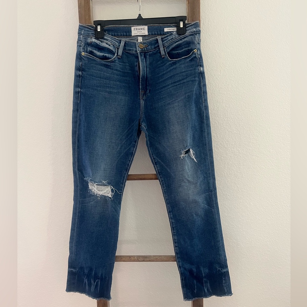 Frame Denim Dark Blue Distressed Cropped Jeans